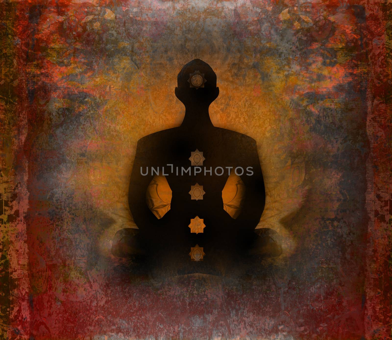 Yoga lotus pose. Padmasana with chakra points.