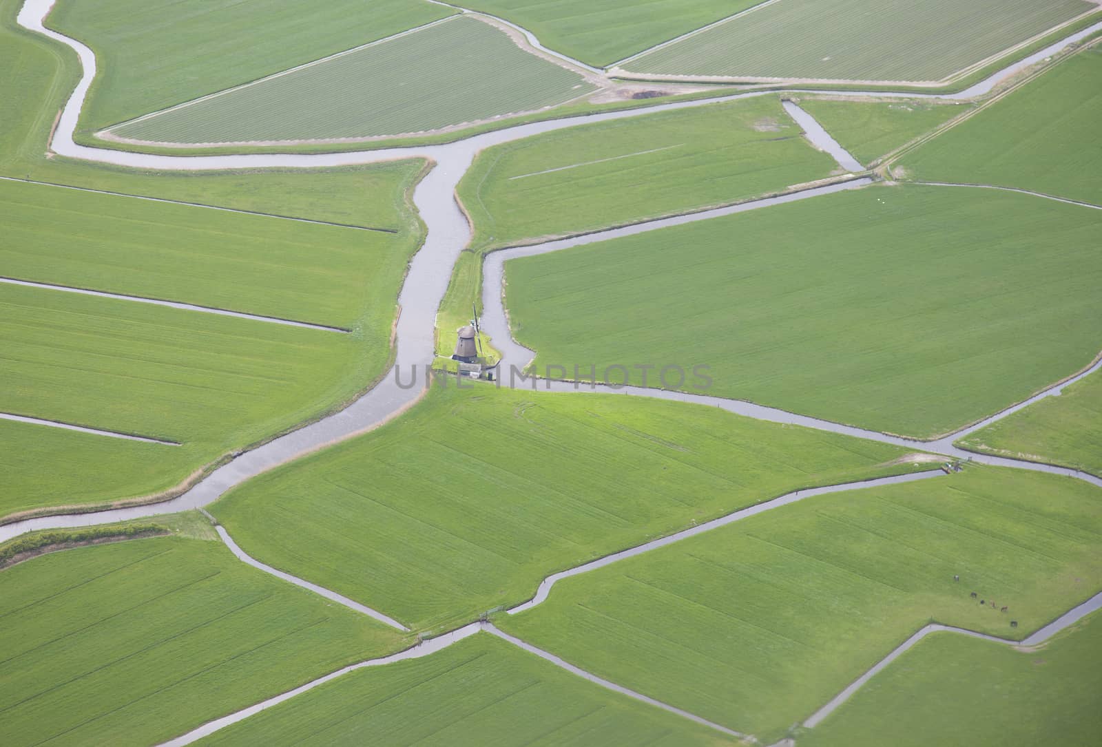 Green landscape with water and windmill from above, The Netherlands