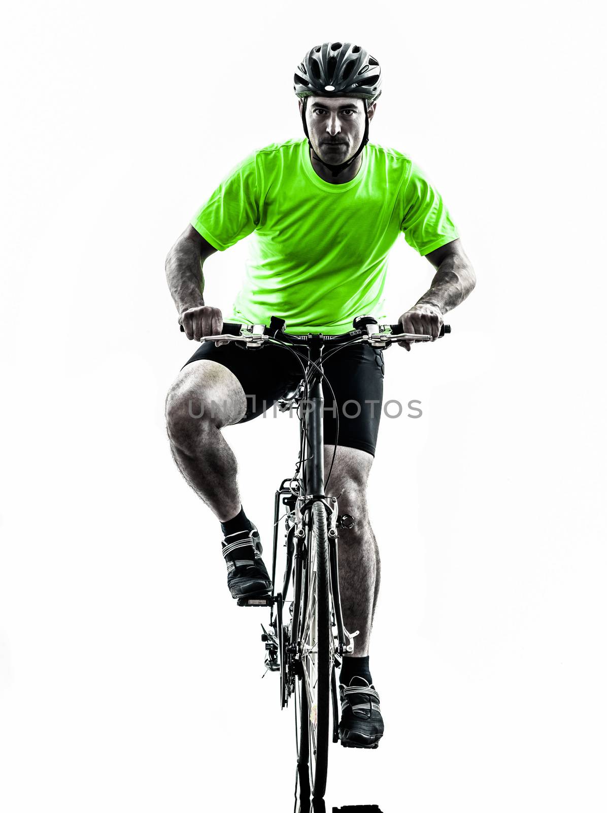 one  man exercising bicycle mountain bike on white background