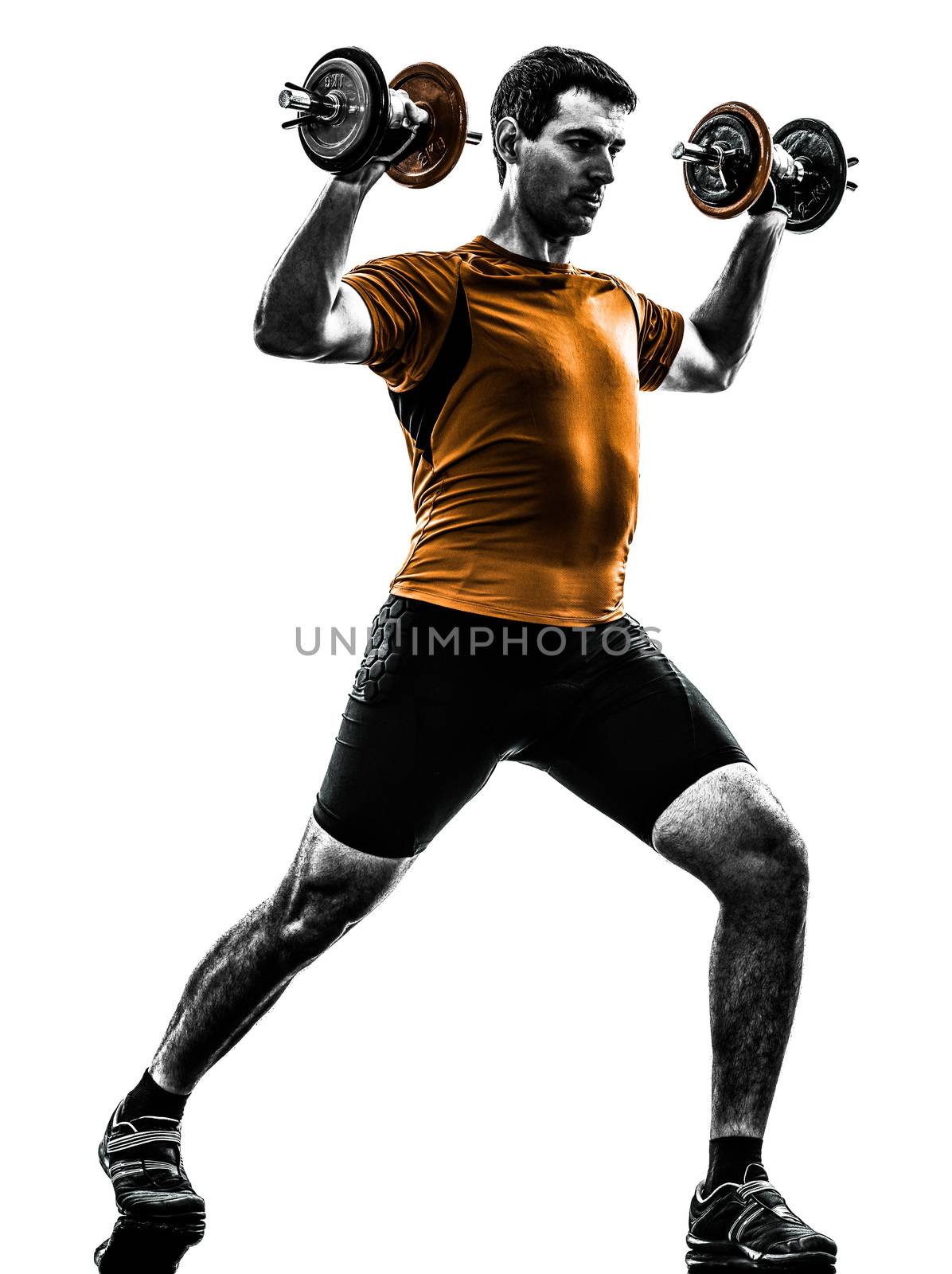 one  man exercising weight training on white background