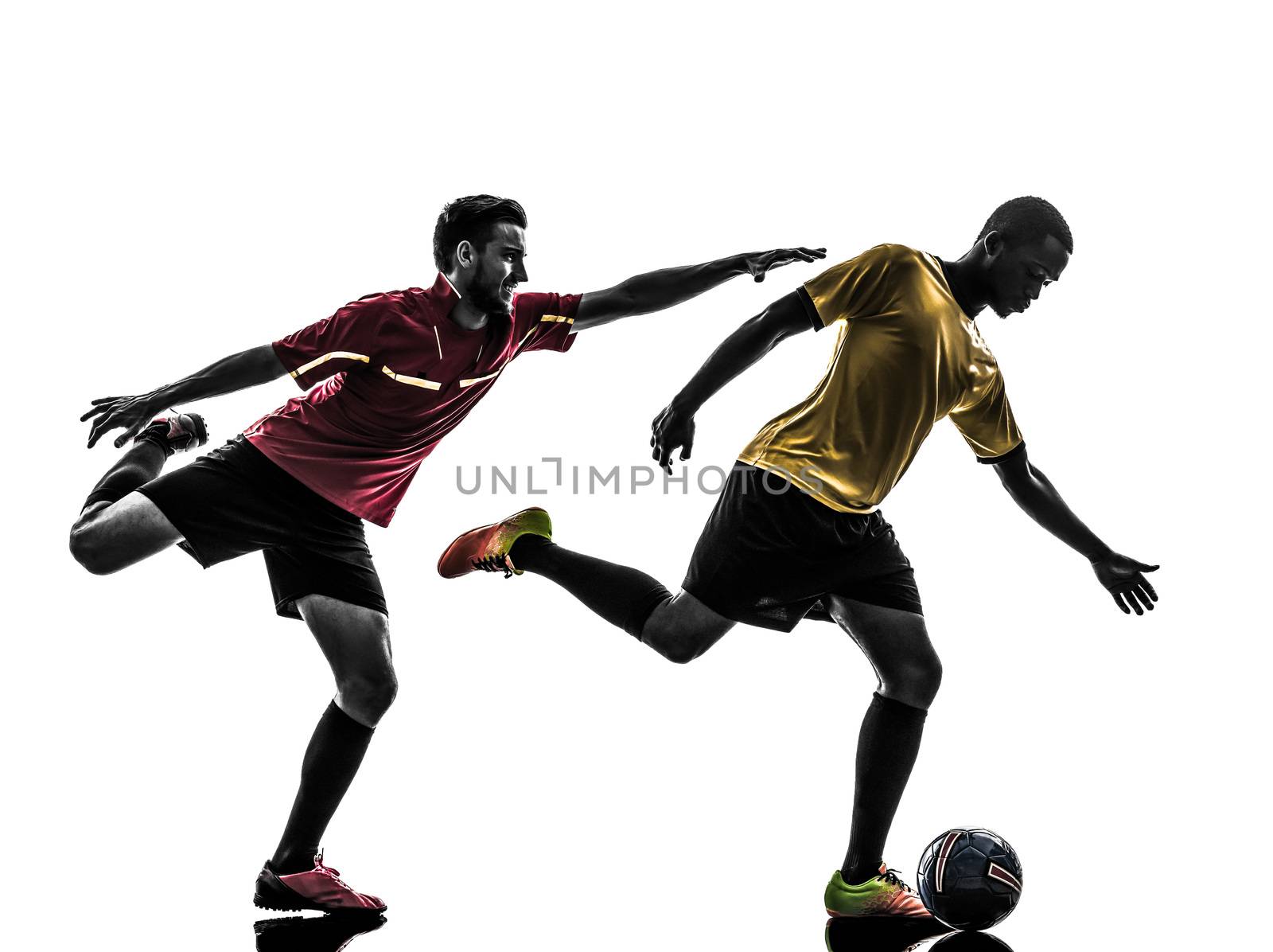 two men soccer player playing football competition in silhouette on white background