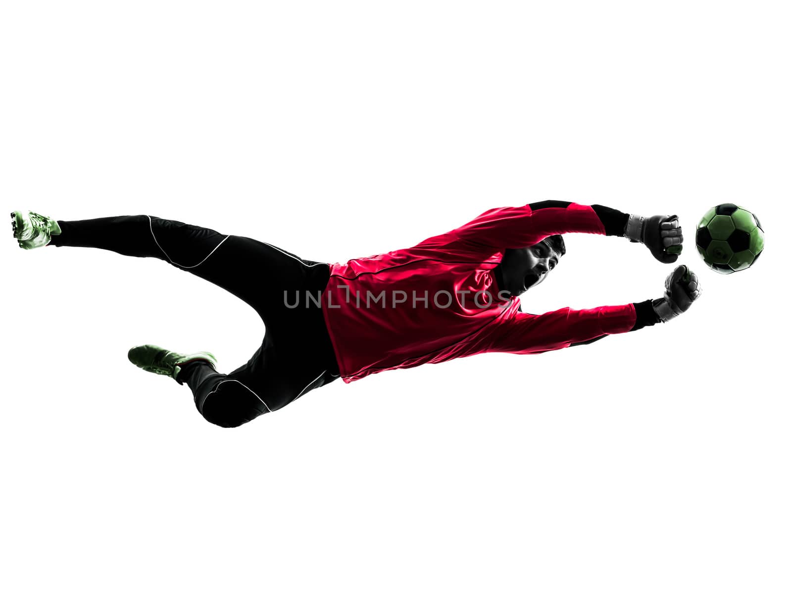 one  soccer player goalkeeper man punching ball in silhouette isolated white background