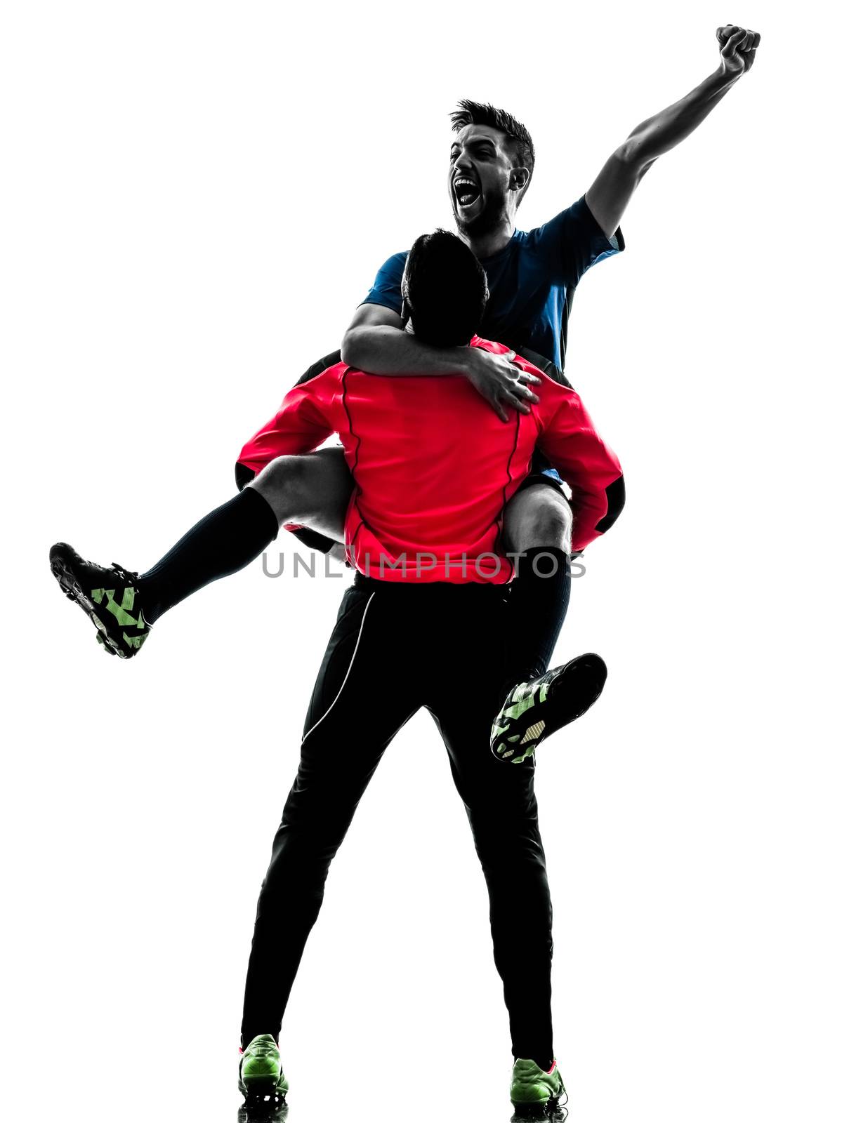 two  soccer player goalkeeper men celebration in silhouette isolated white background
