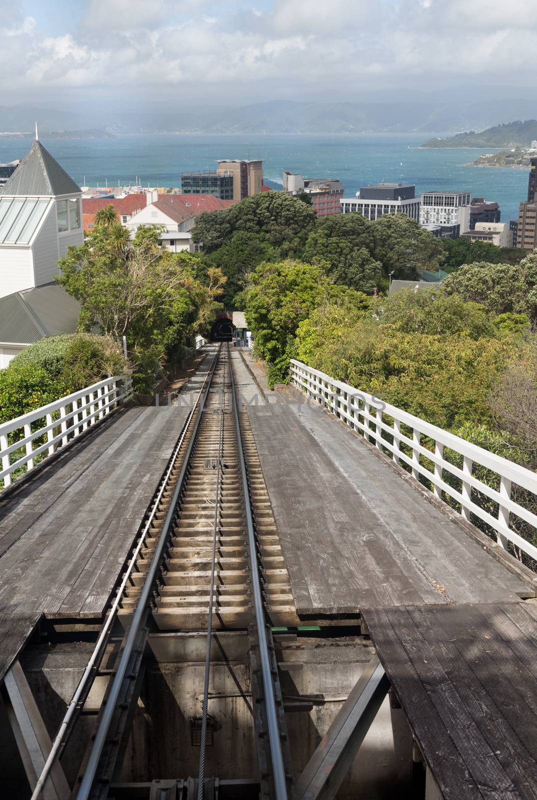 Famous cable car tracks on hillside above the city of Wellington in New Zealand