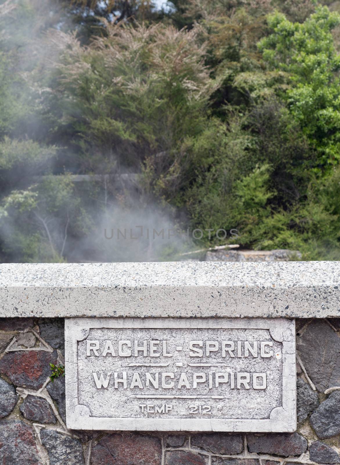 Wall and sign of Rachel Spring in Government Park in Rotorua on the North Island of New Zealand