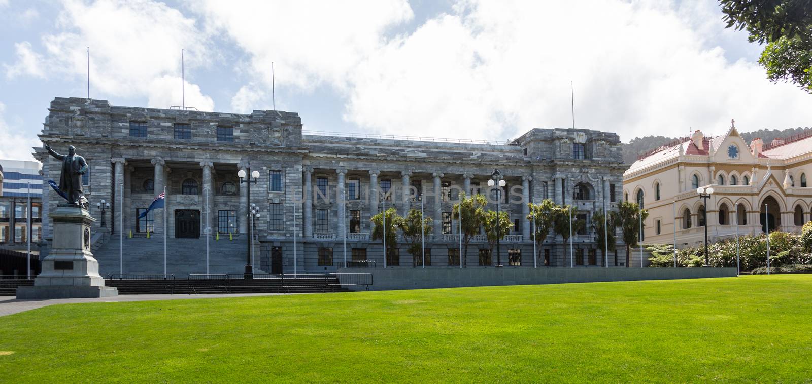 New Zealand Parliament government buildings in Wellington with Parliament House adn Parliamentary Library