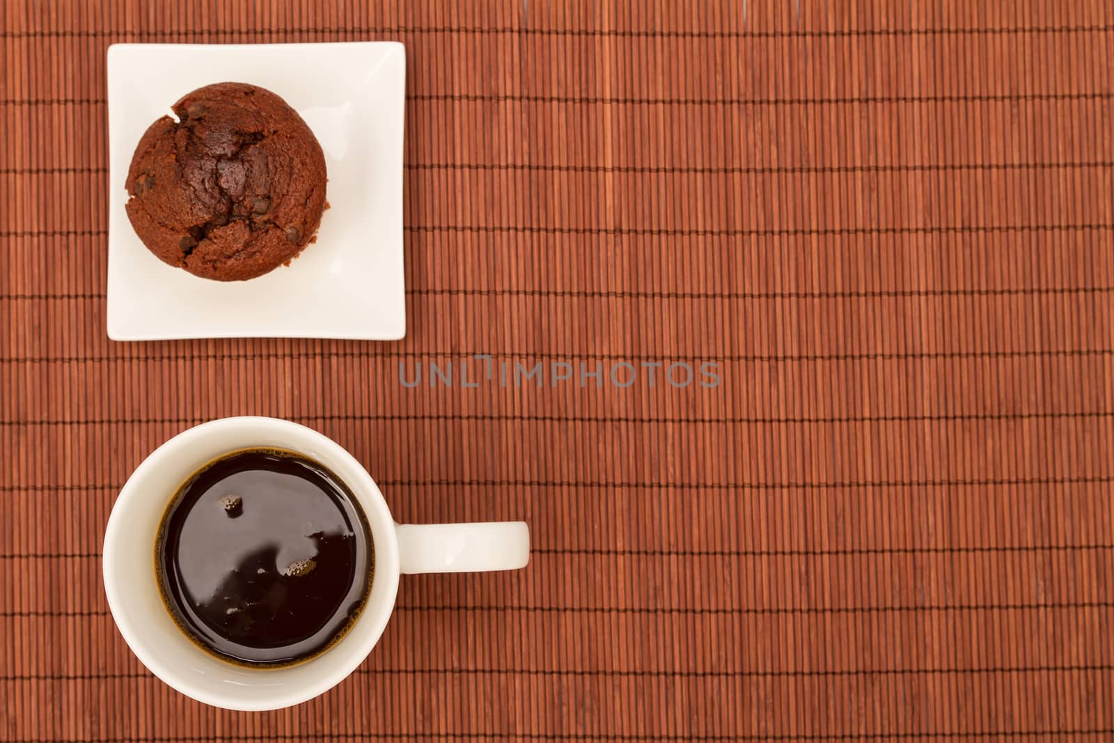 Chocolate Muffins on a white plate with  a cup of coffee
