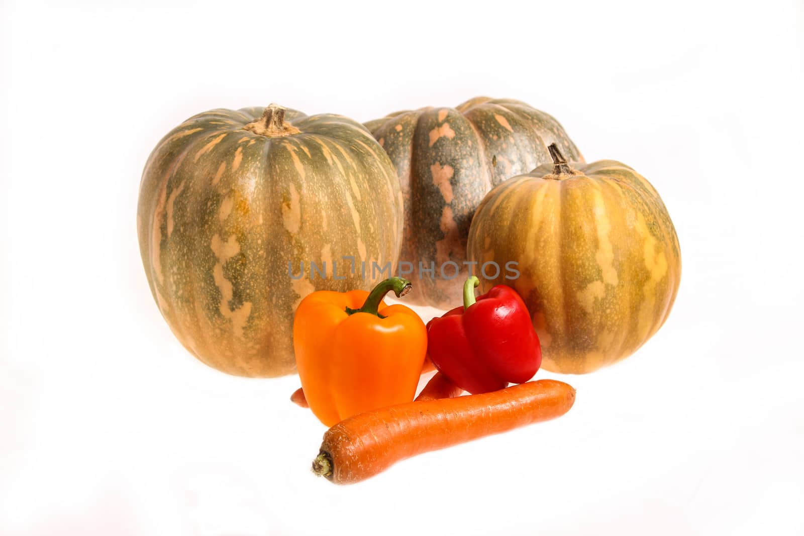 Pumpkins and other vegetables on a white background, isolated
