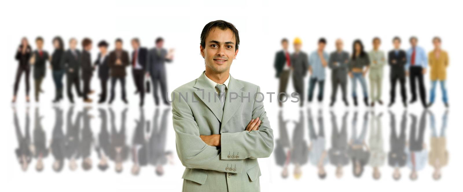 an young man in front of a group of people, isolated