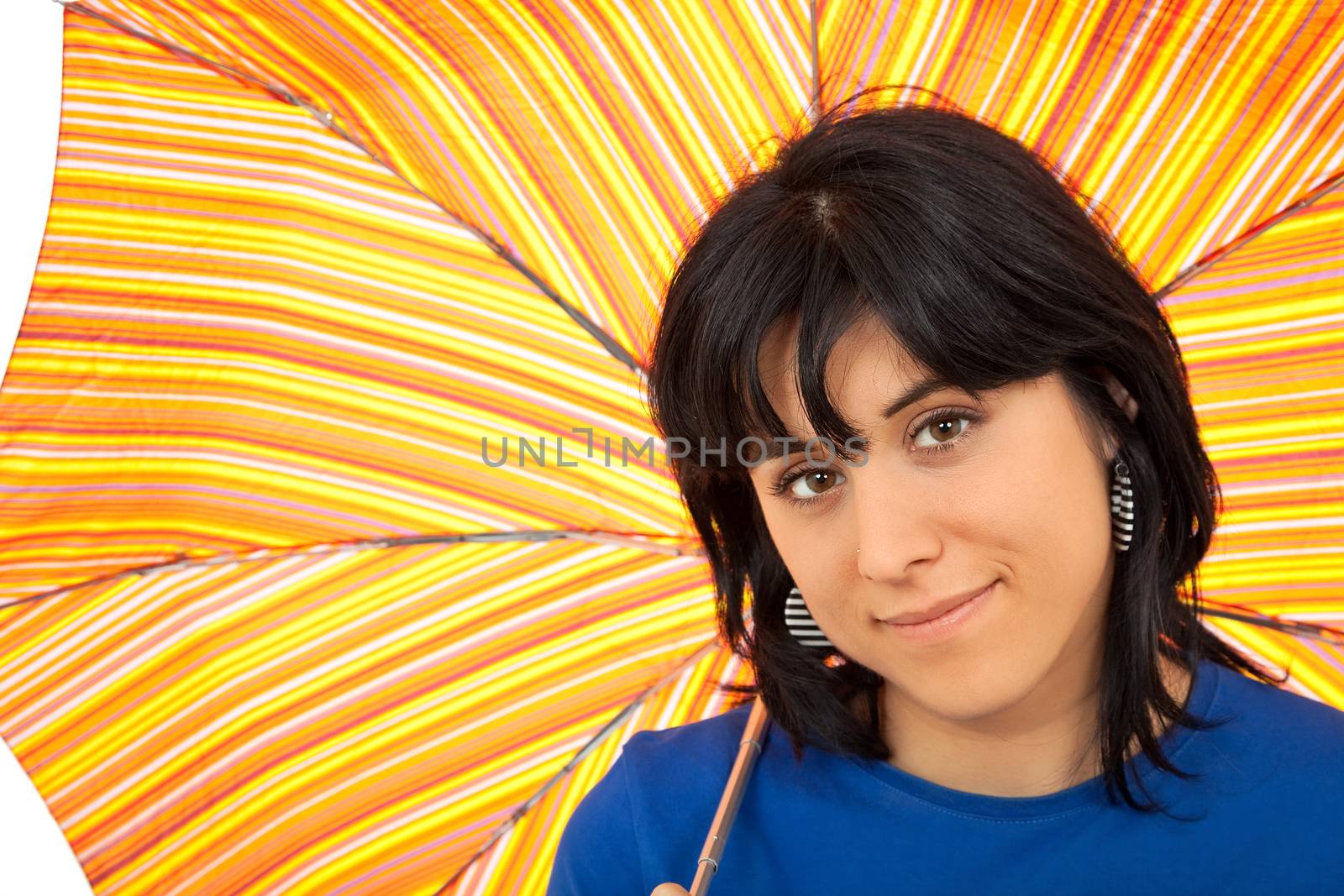 young brunette woman with umbrella in colors