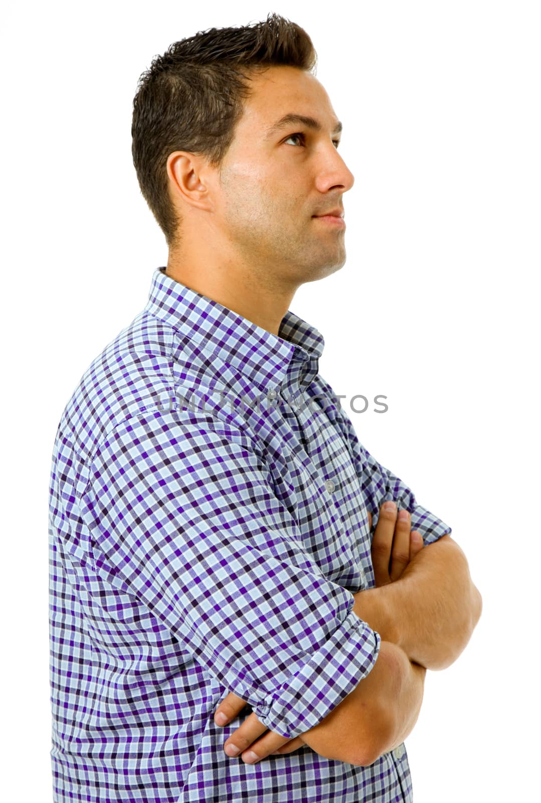young casual pensive man portrait, isolated on white