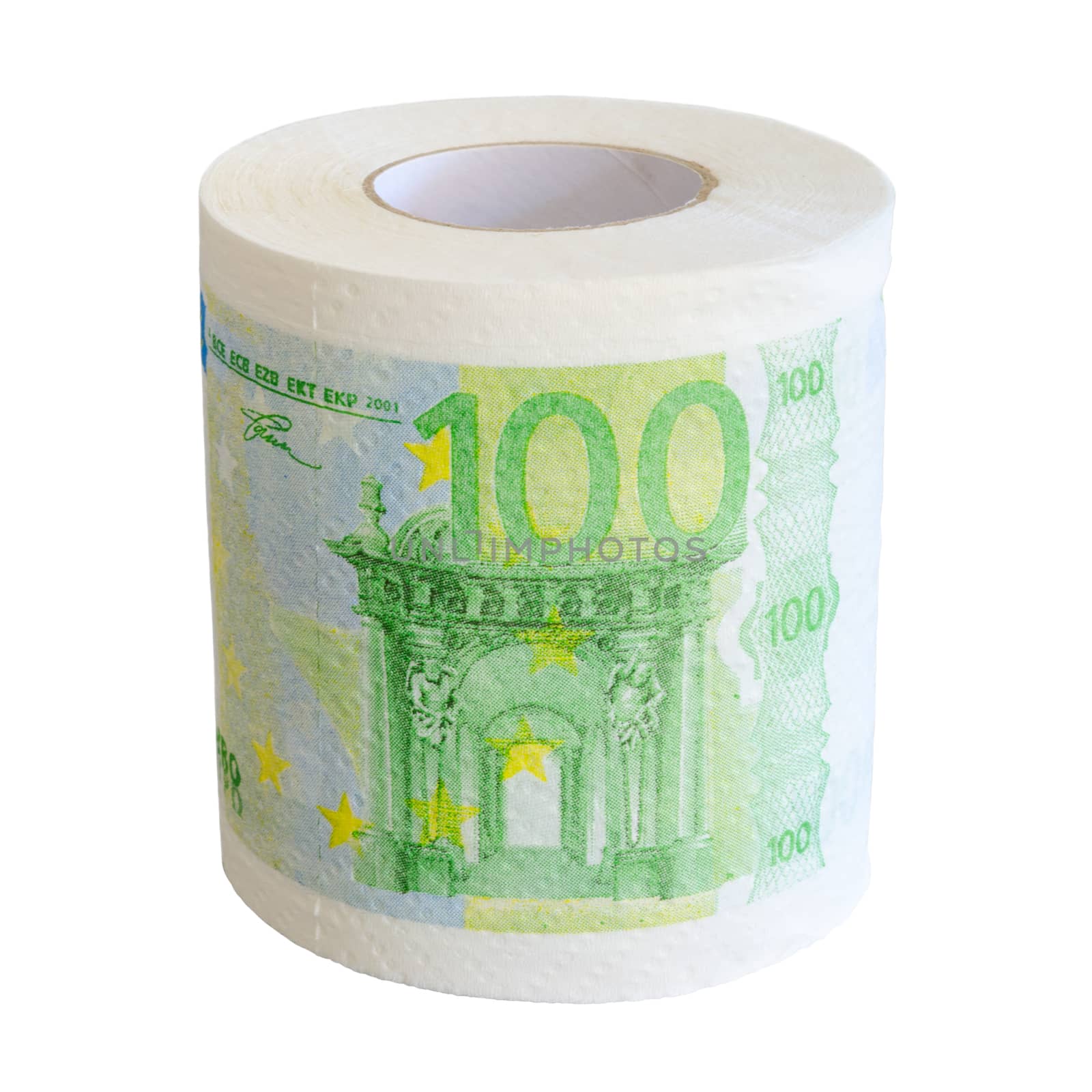 100 Euro banknotes toilet paper roll isolated on white background