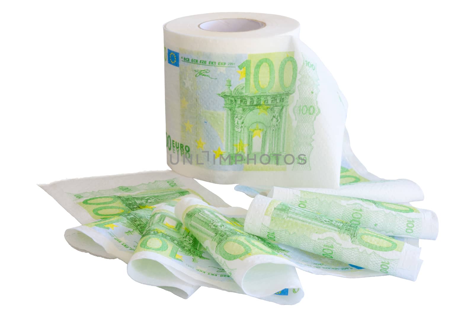Reeled off toilet paper with 100 Euro banknotes image isolated on white