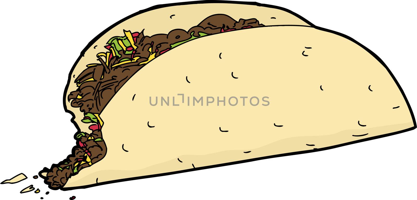 Single taco with missing bite over white background