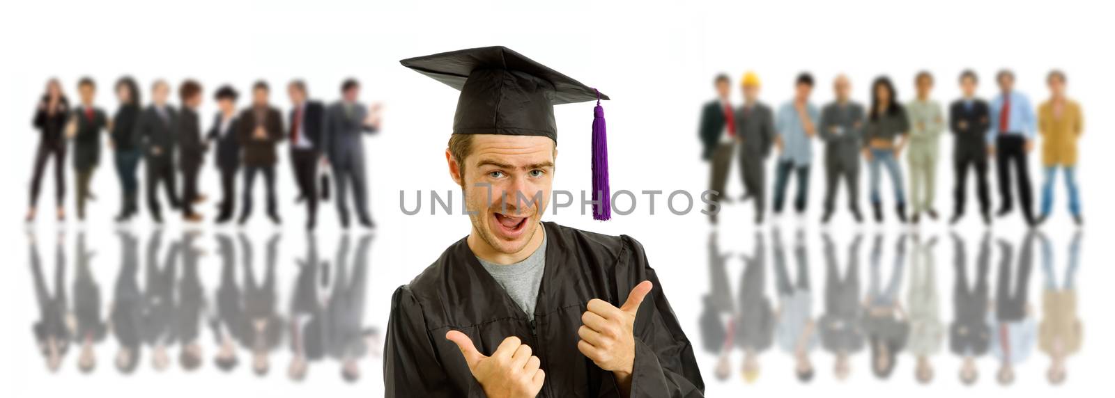 young man after his graduation, in front of a group of people