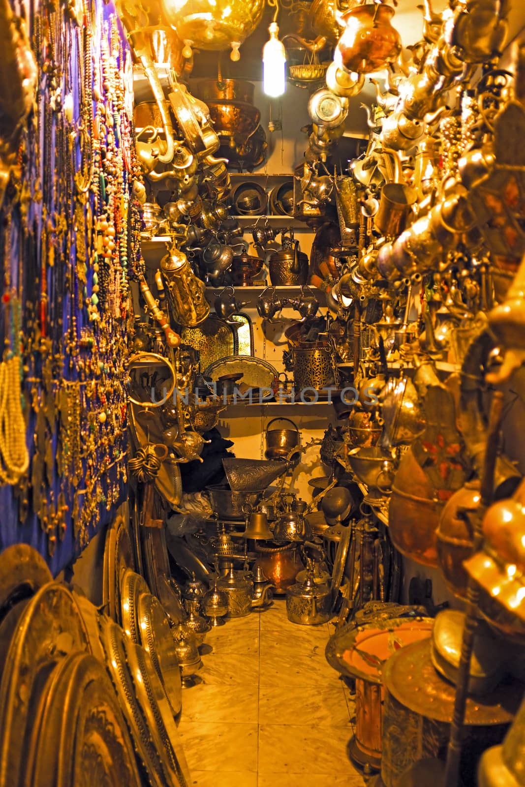 Moroccan shop with copper pots and goods