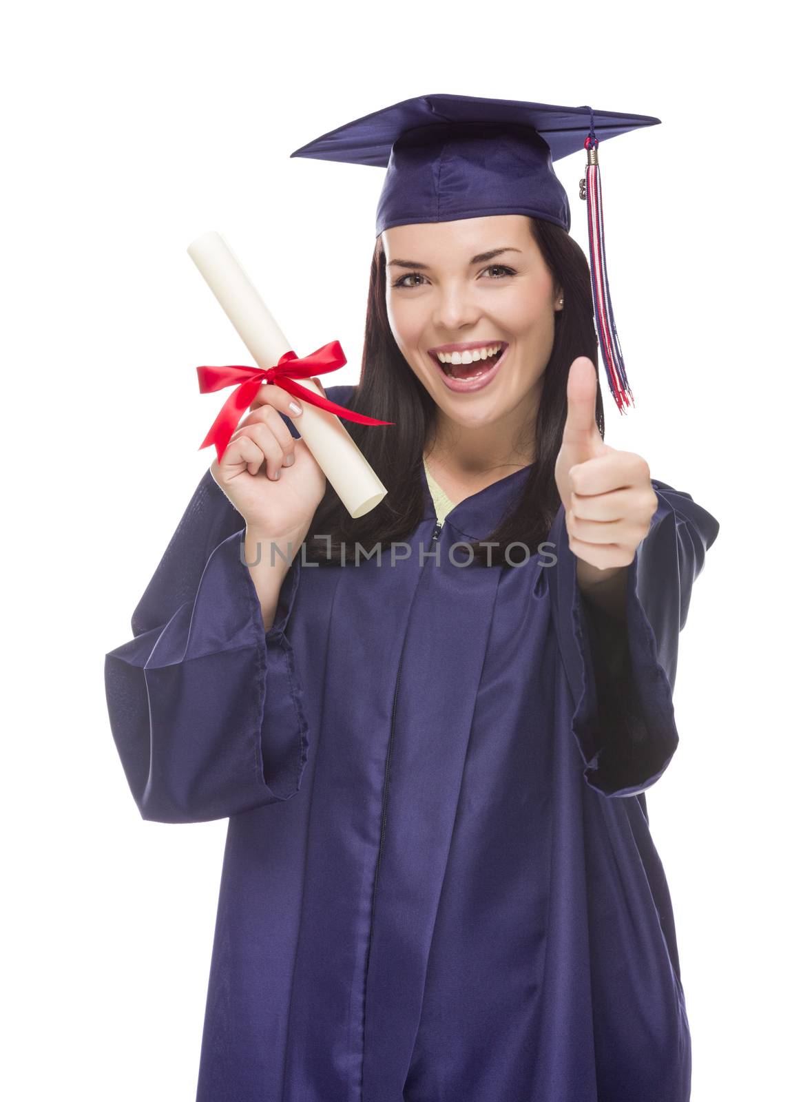 Happy Graduating Mixed Race Female Wearing Cap and Gown with Her Diploma Isolated on White Background.