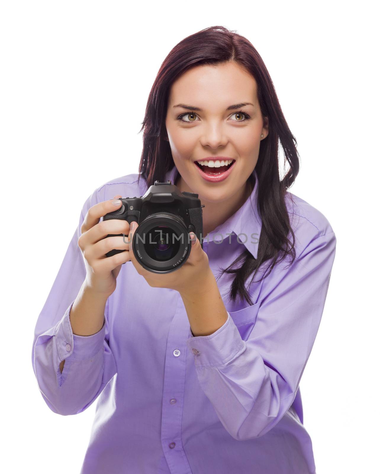 Attractive Mixed Race Young woman With DSLR Camera Isolated on a White Background.