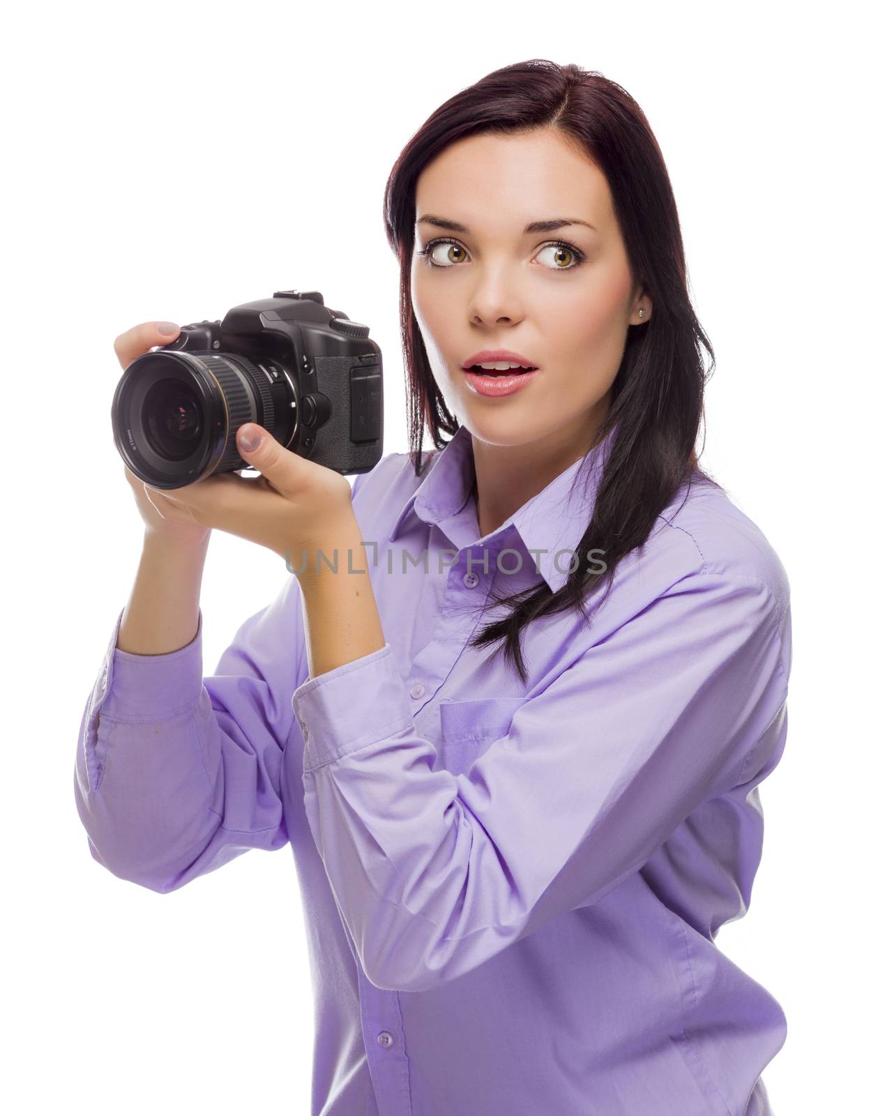 Attractive Mixed Race Young woman With DSLR Camera Isolated on a White Background.