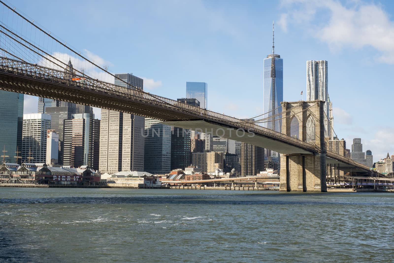 NEW YORK, US - NOVEMBER 24: Lower Manhattan skyline crossed by Brooklyn Bridge. November 24, 2013 in New York.