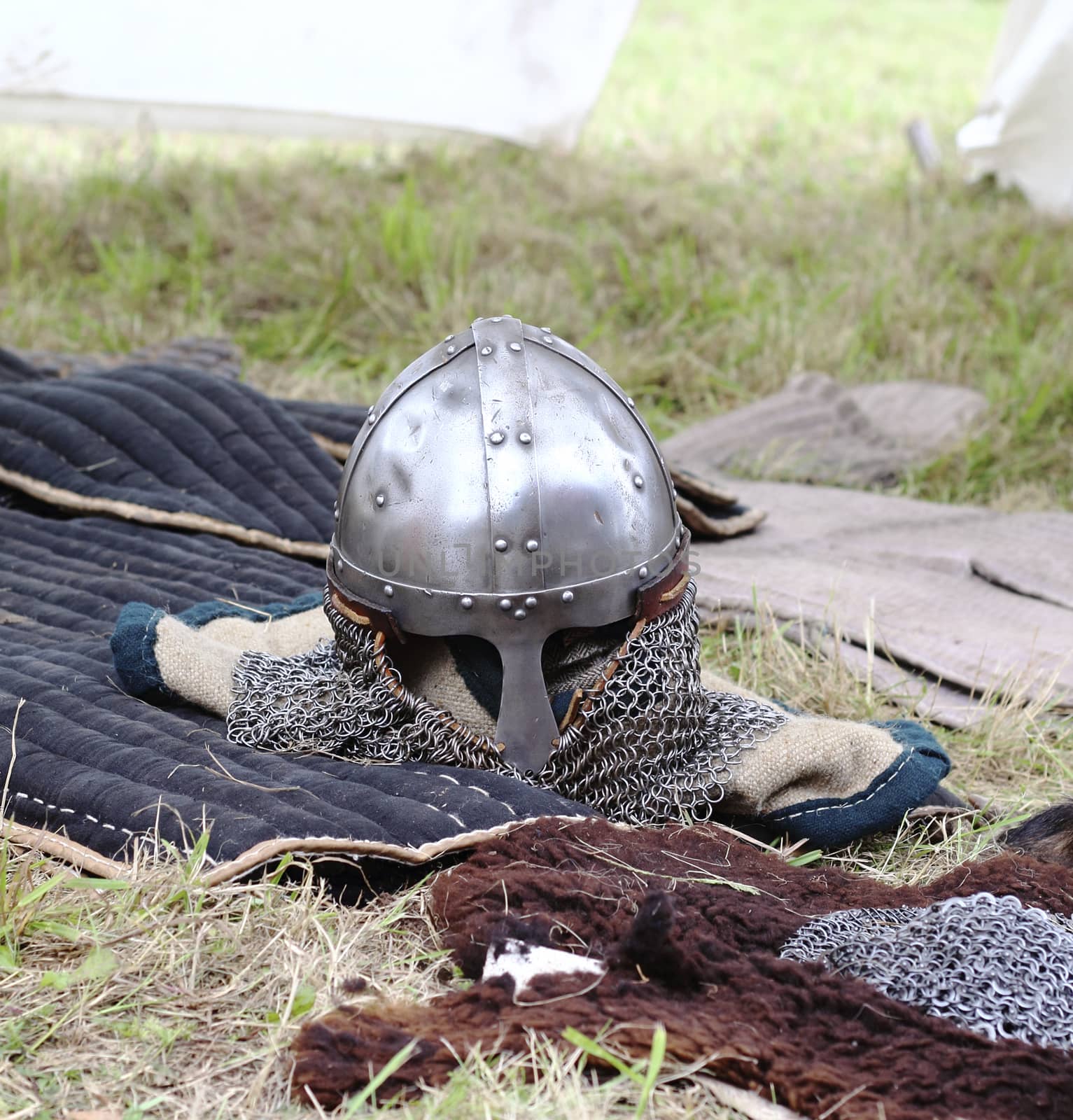 Ancient Balts warrior helmet with chain armour 