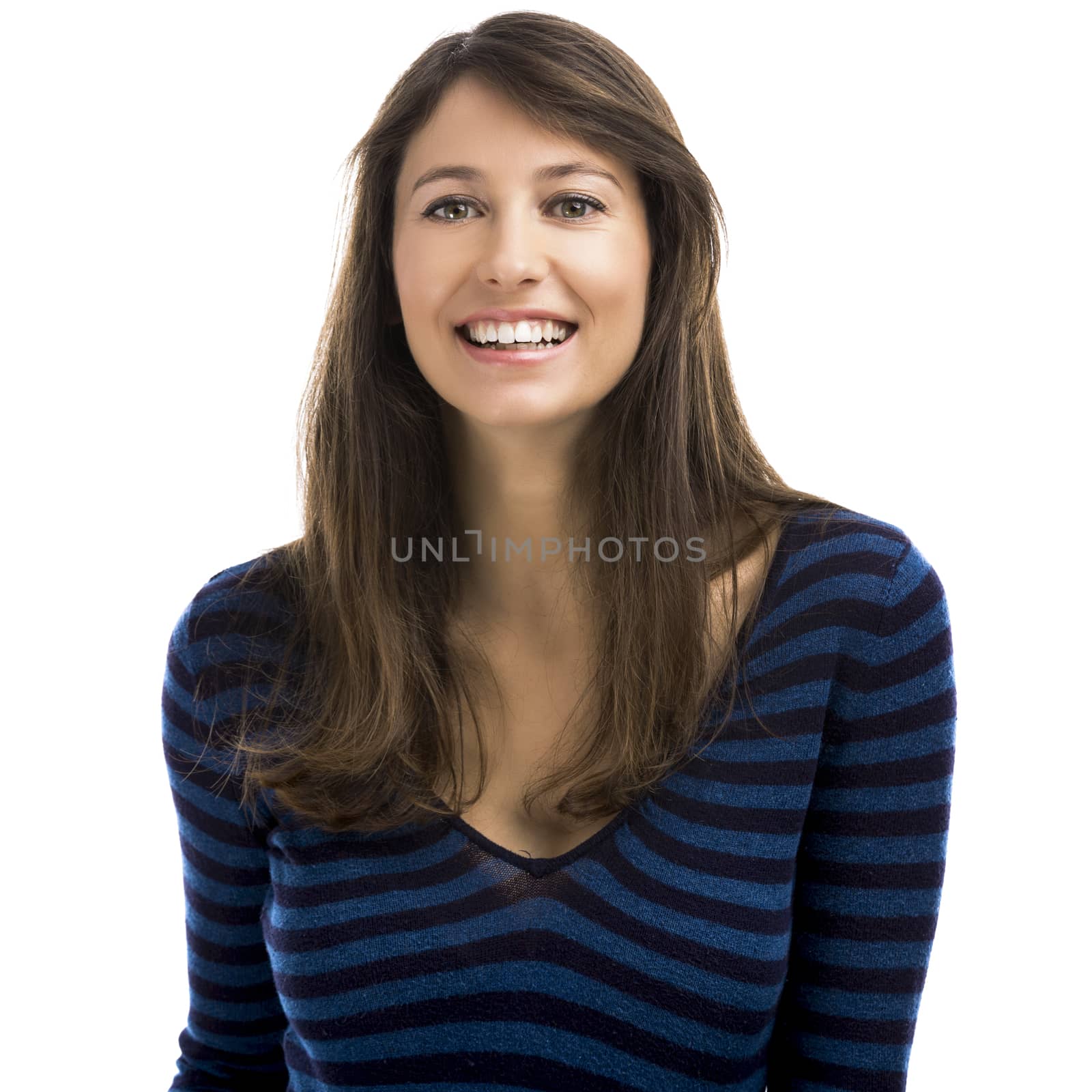 Beautiful and happy woman smiling over a white background