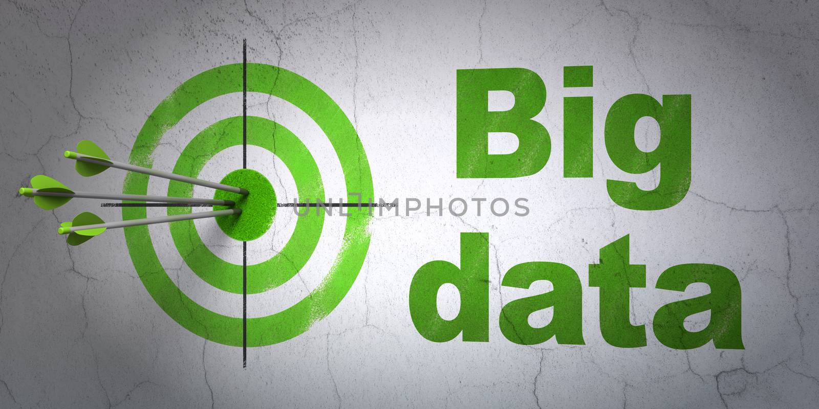 Success Data concept: arrows hitting the center of target, Green Big Data on wall background, 3d render