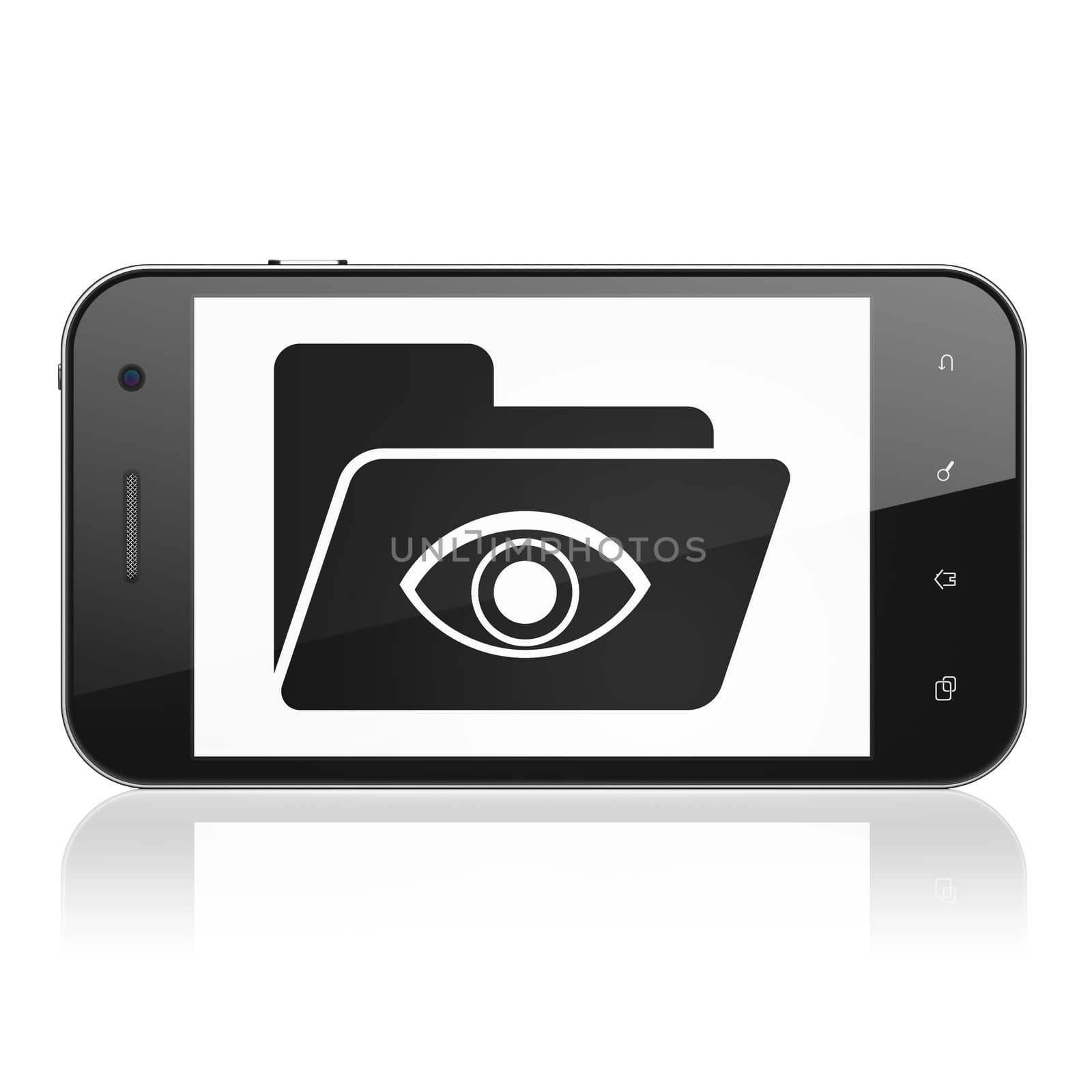 Finance concept: smartphone with Folder With Eye icon on display. Mobile smart phone on White background, cell phone 3d render