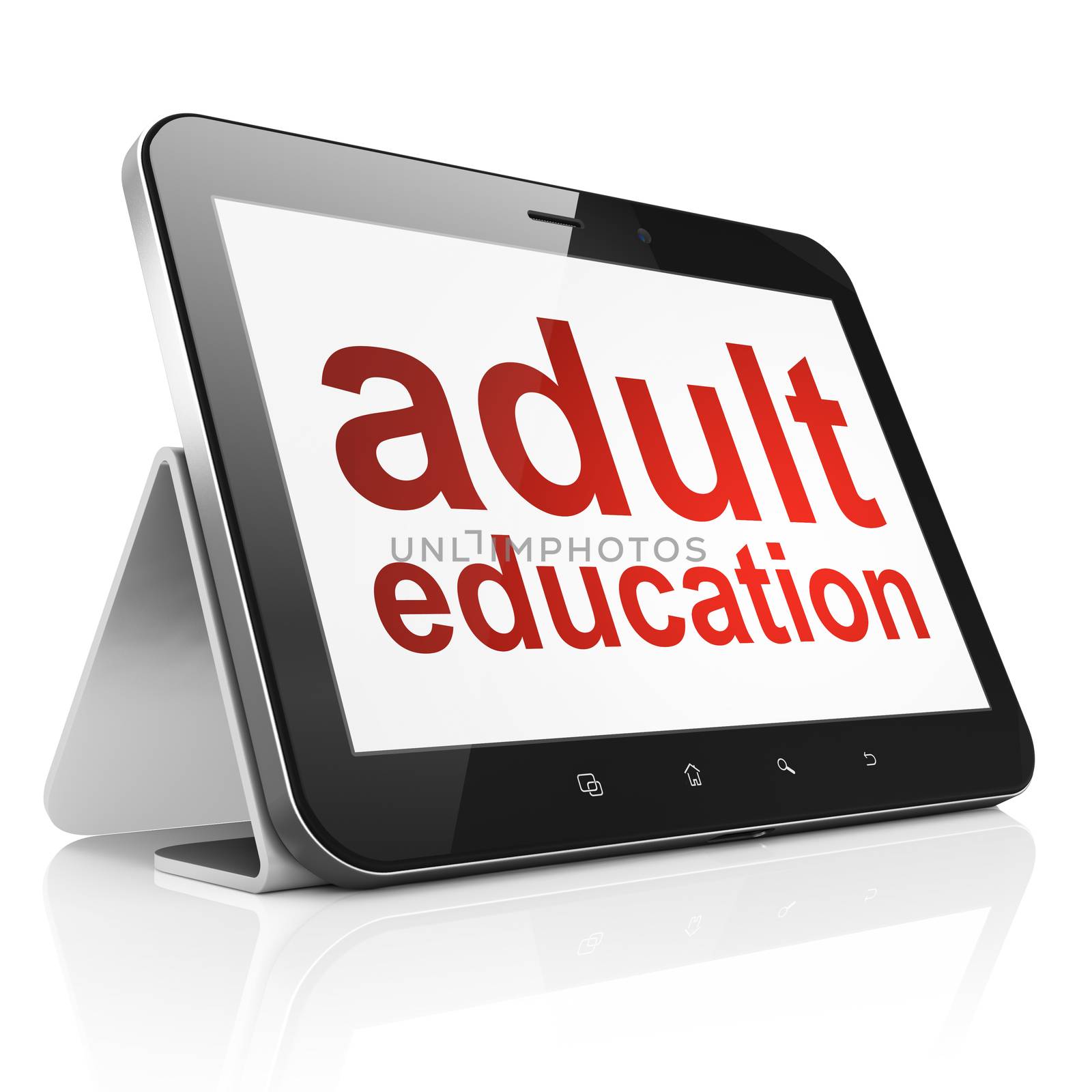 Education concept: black tablet pc computer with text Adult Education on display. Modern portable touch pad on White background, 3d render