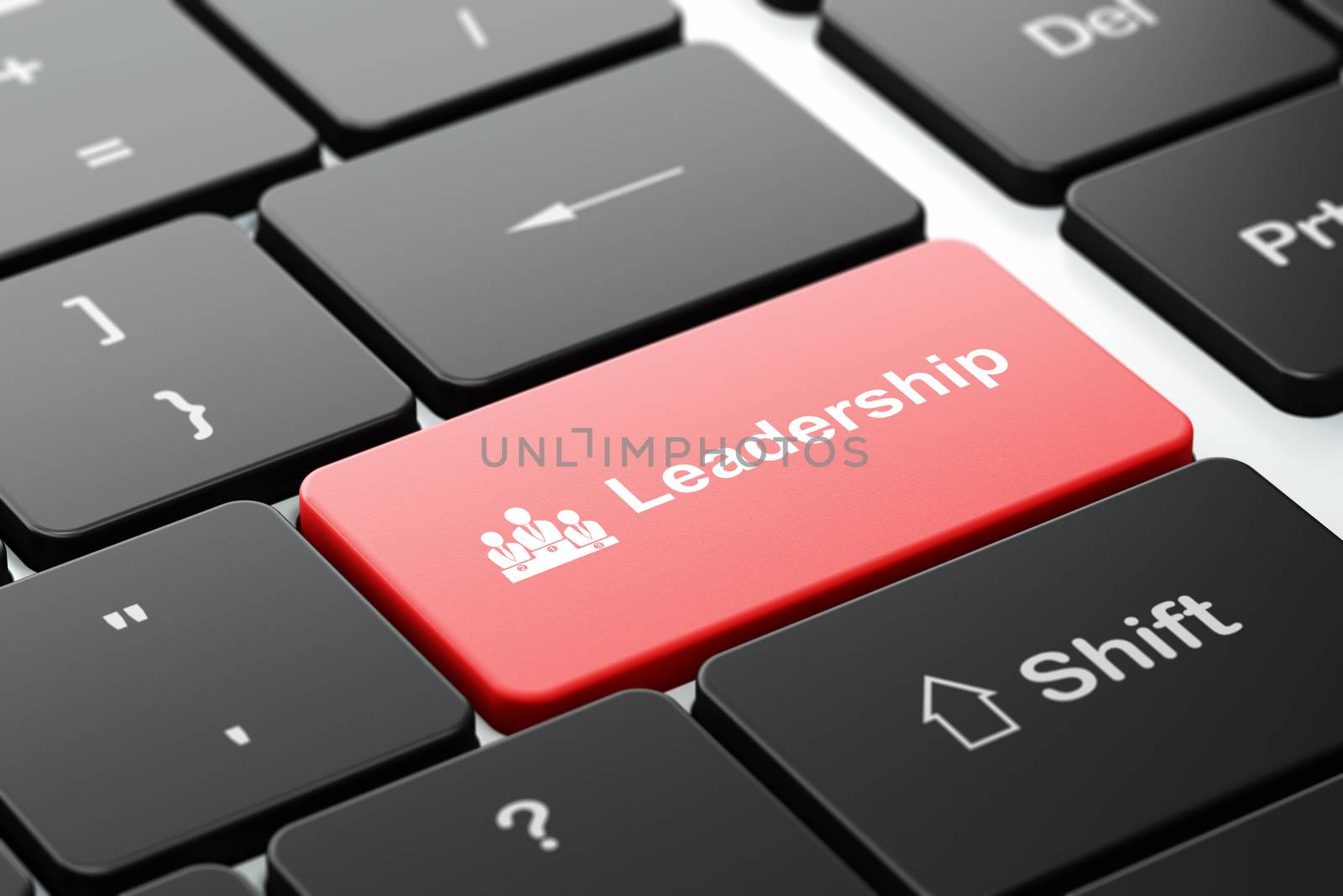 Finance concept: computer keyboard with Business Team icon and word Leadership, selected focus on enter button, 3d render