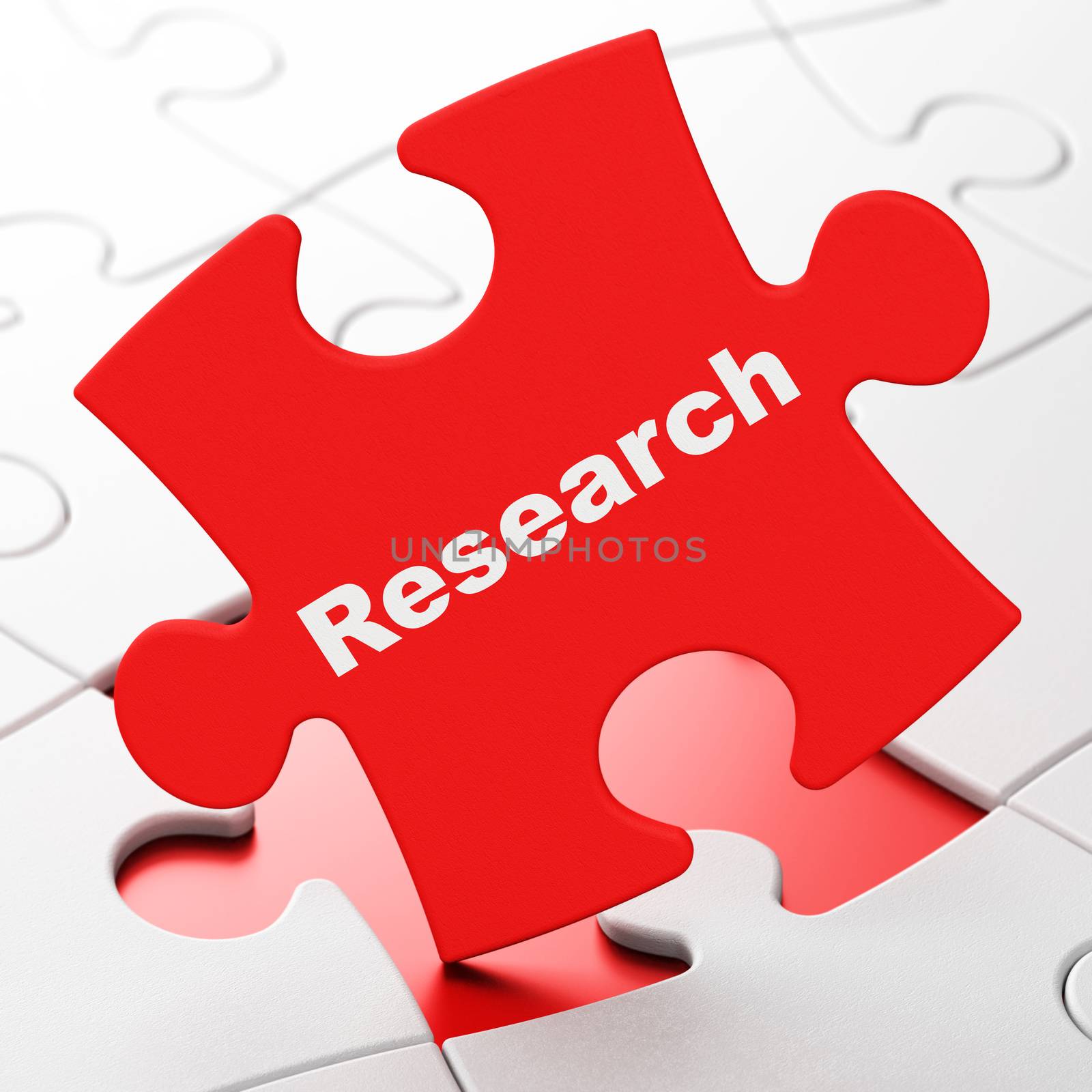 Marketing concept: Research on Red puzzle pieces background, 3d render