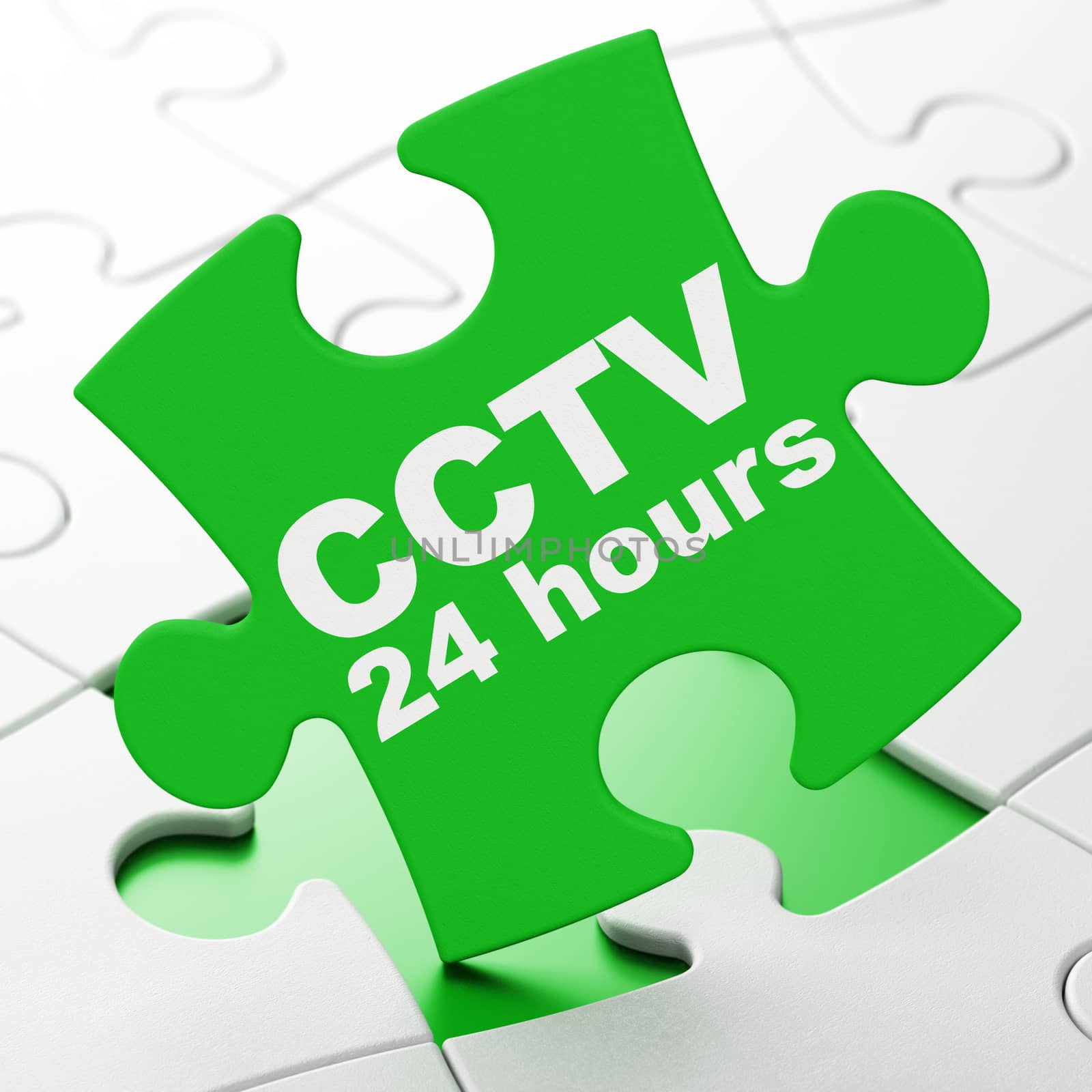 Safety concept: CCTV 24 hours on Green puzzle pieces background, 3d render