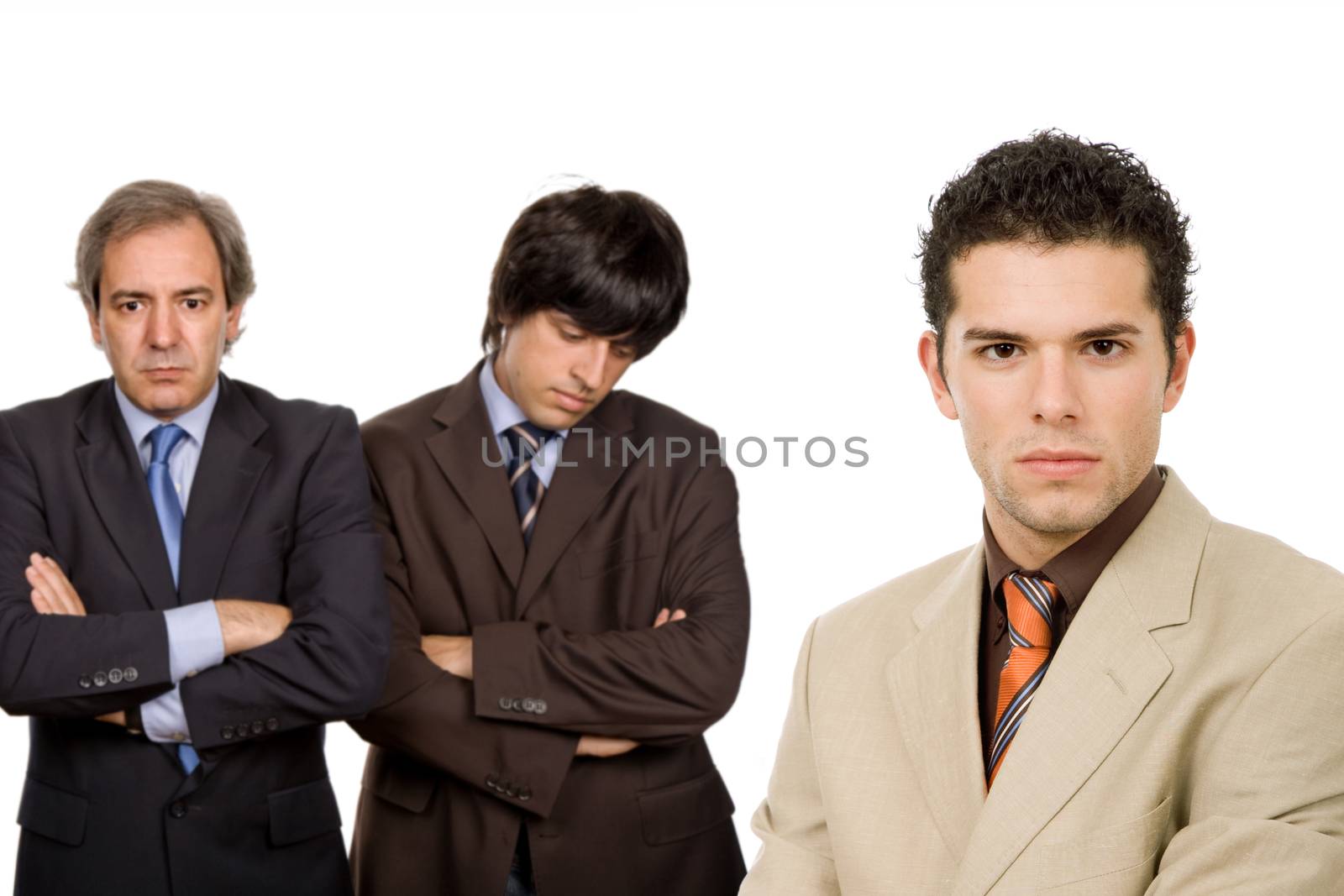 three business men isolated on white background, focus on the right man