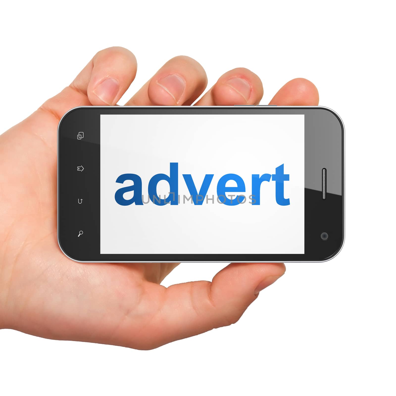 Advertising concept: hand holding smartphone with word Advert on display. Mobile smart phone on White background, 3d render