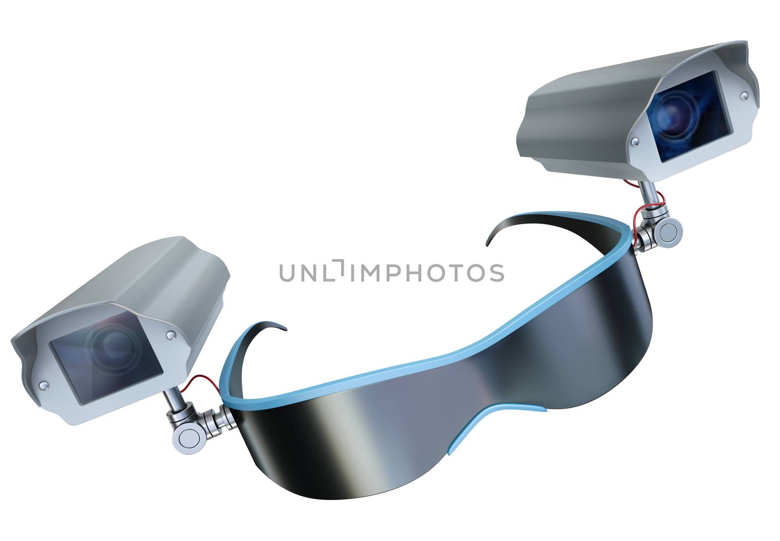 Sunglasses with CCTV cameras - modern gadgets as surveillance devices metaphor. 3D rendered illustration.