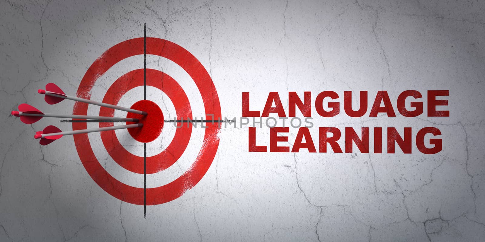 Success Education concept: arrows hitting the center of target, Red Language Learning on wall background, 3d render