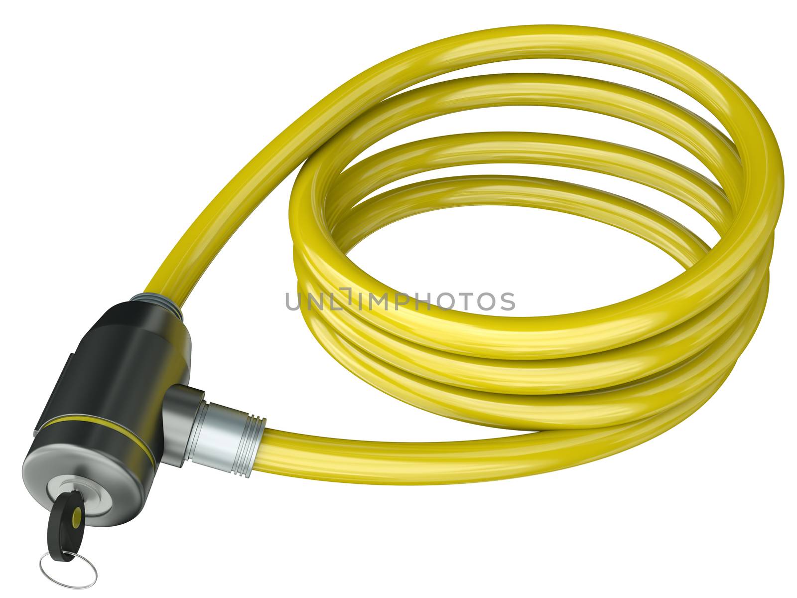 Yellow cable lock isolated on a white background. 3D render.