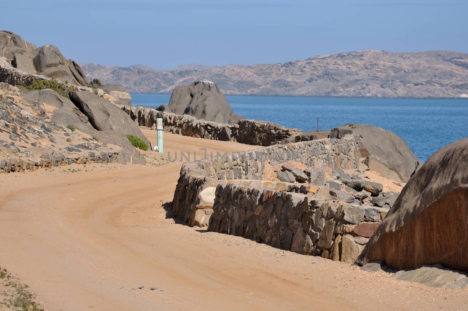 Road to the camp site on Shark Island in Luderitz, Namibia
