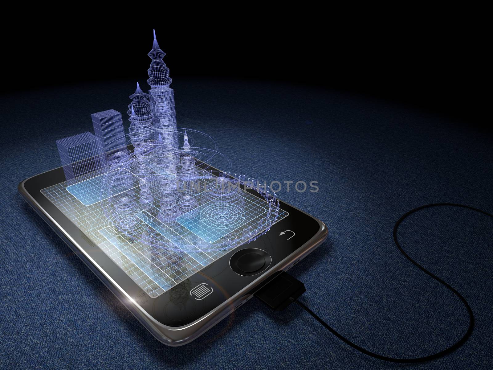 Digital tablet and futuristic town as progress concept background by denisgo