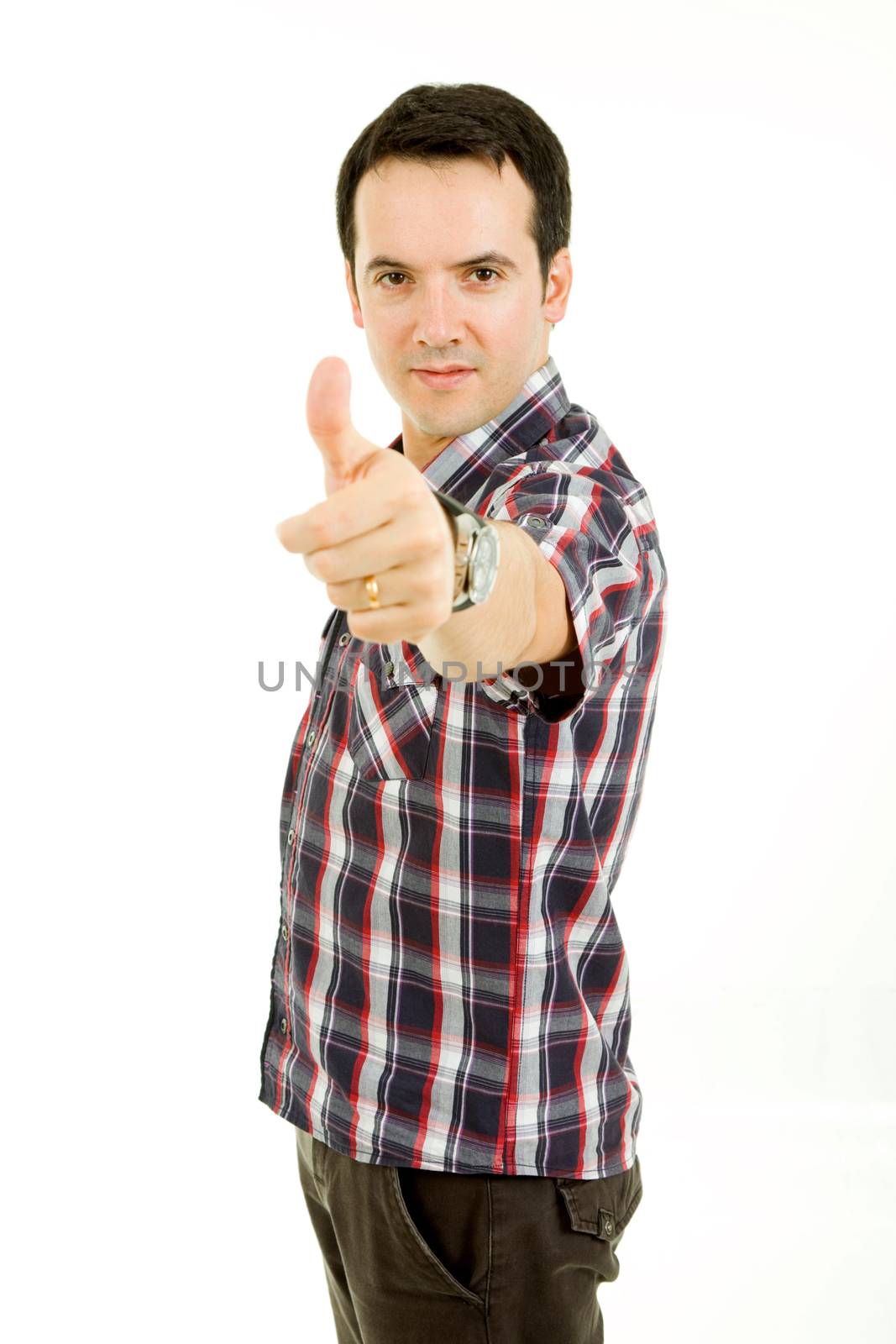 young casual man going thumb up in a white background