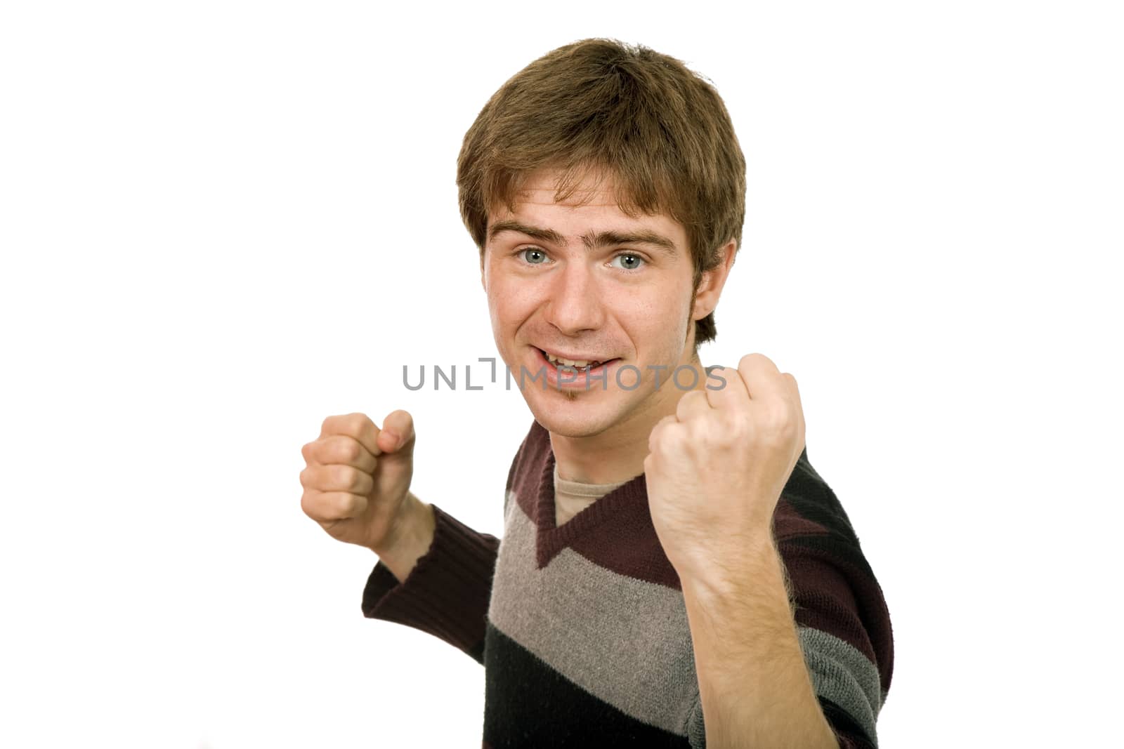 happy young man with arms isolated on white