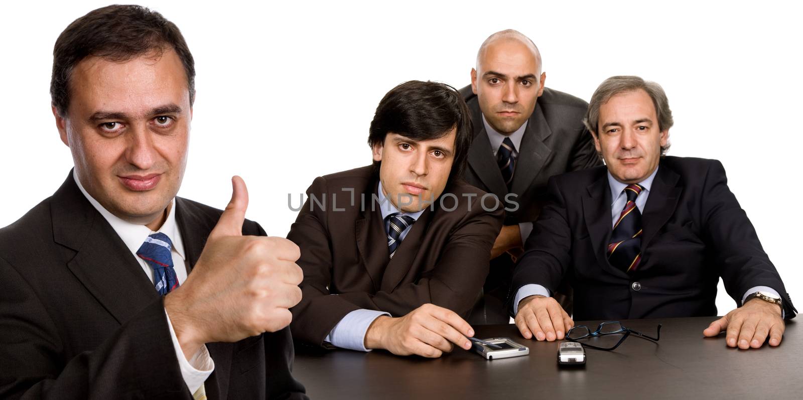 group of workers on a desk, isolated on white