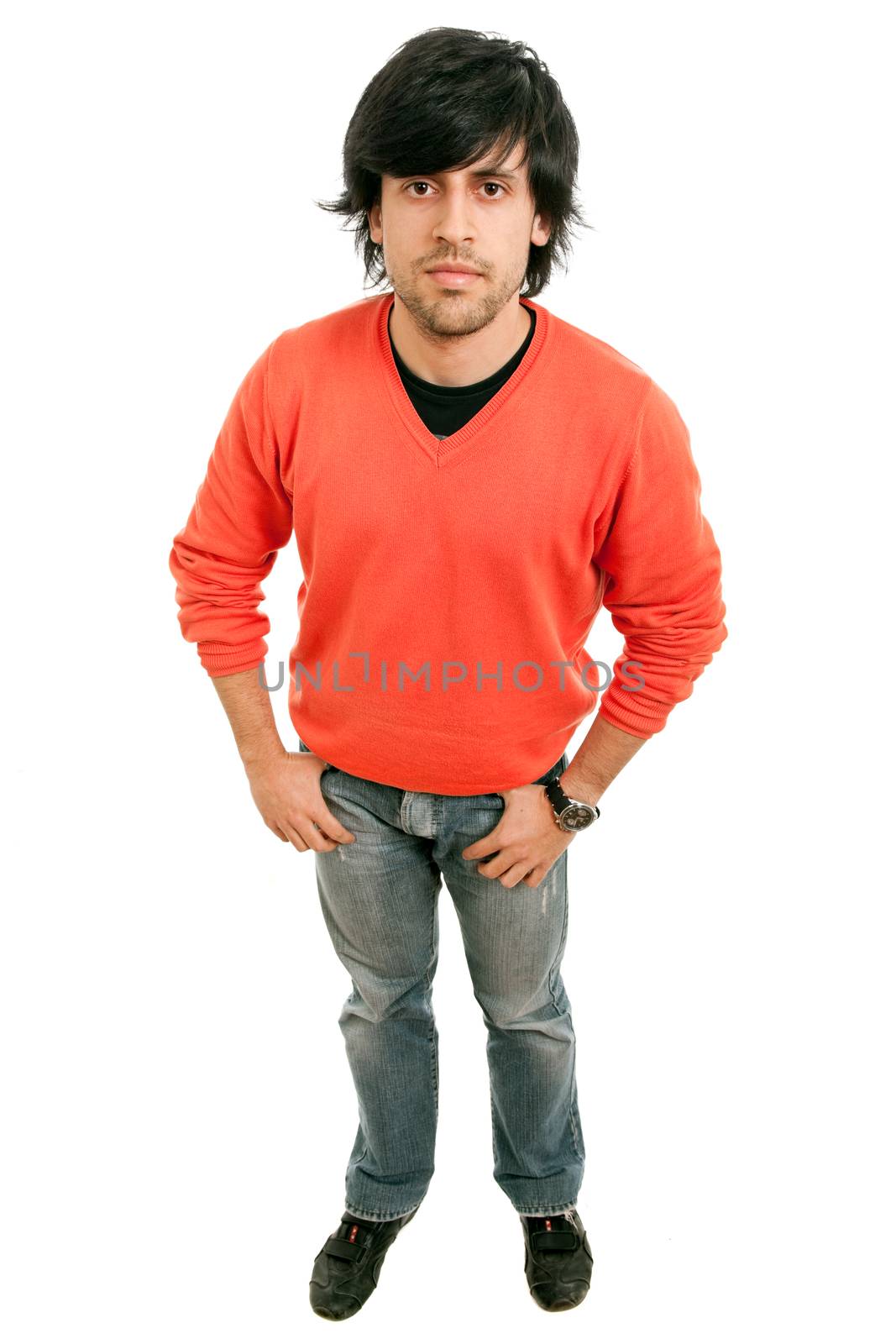 young casual man full body in a white background