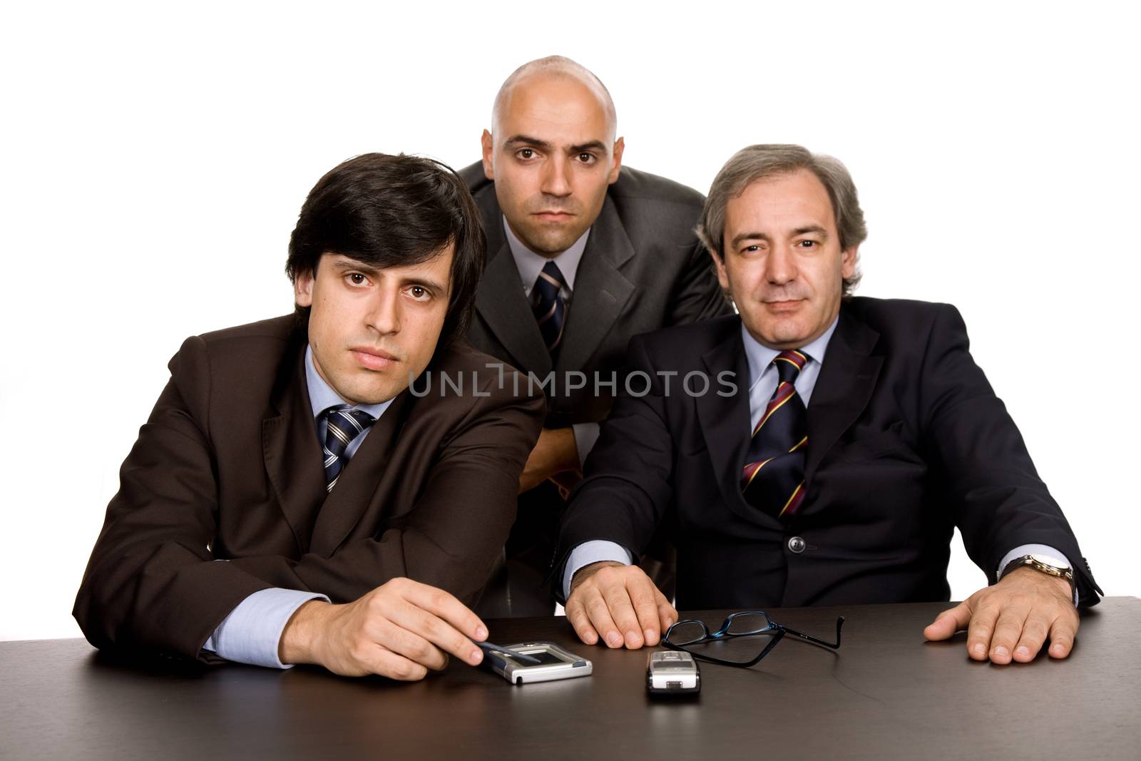 group of workers on a desk, isolated on white