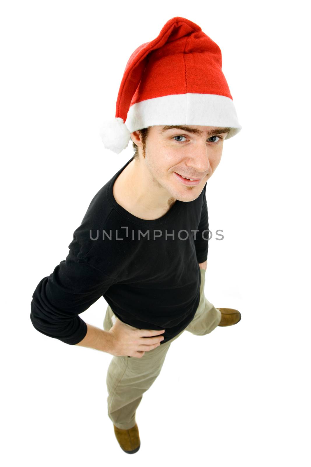 young casual man full body with a santa hat
