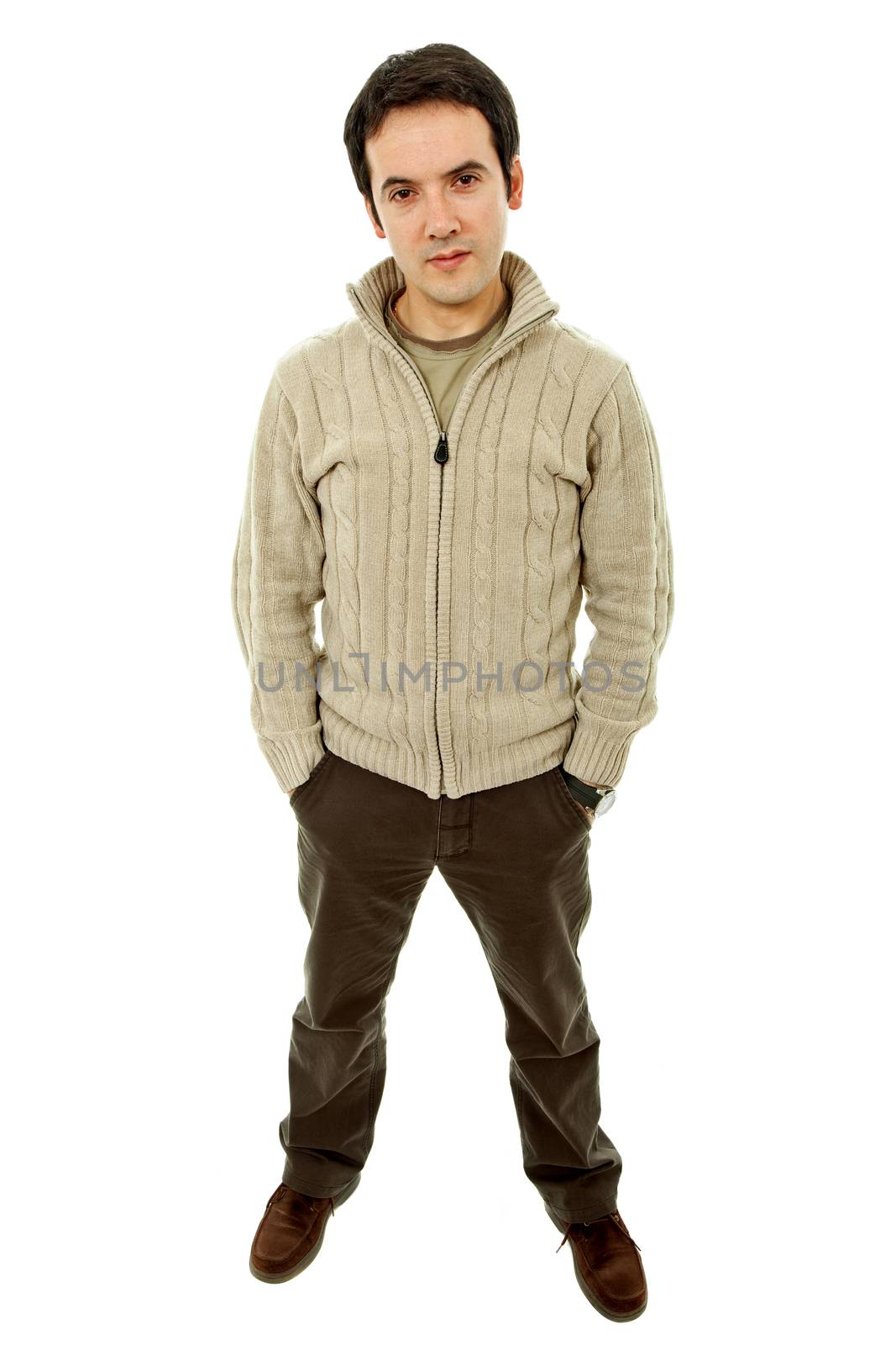 young casual man full body in a white background