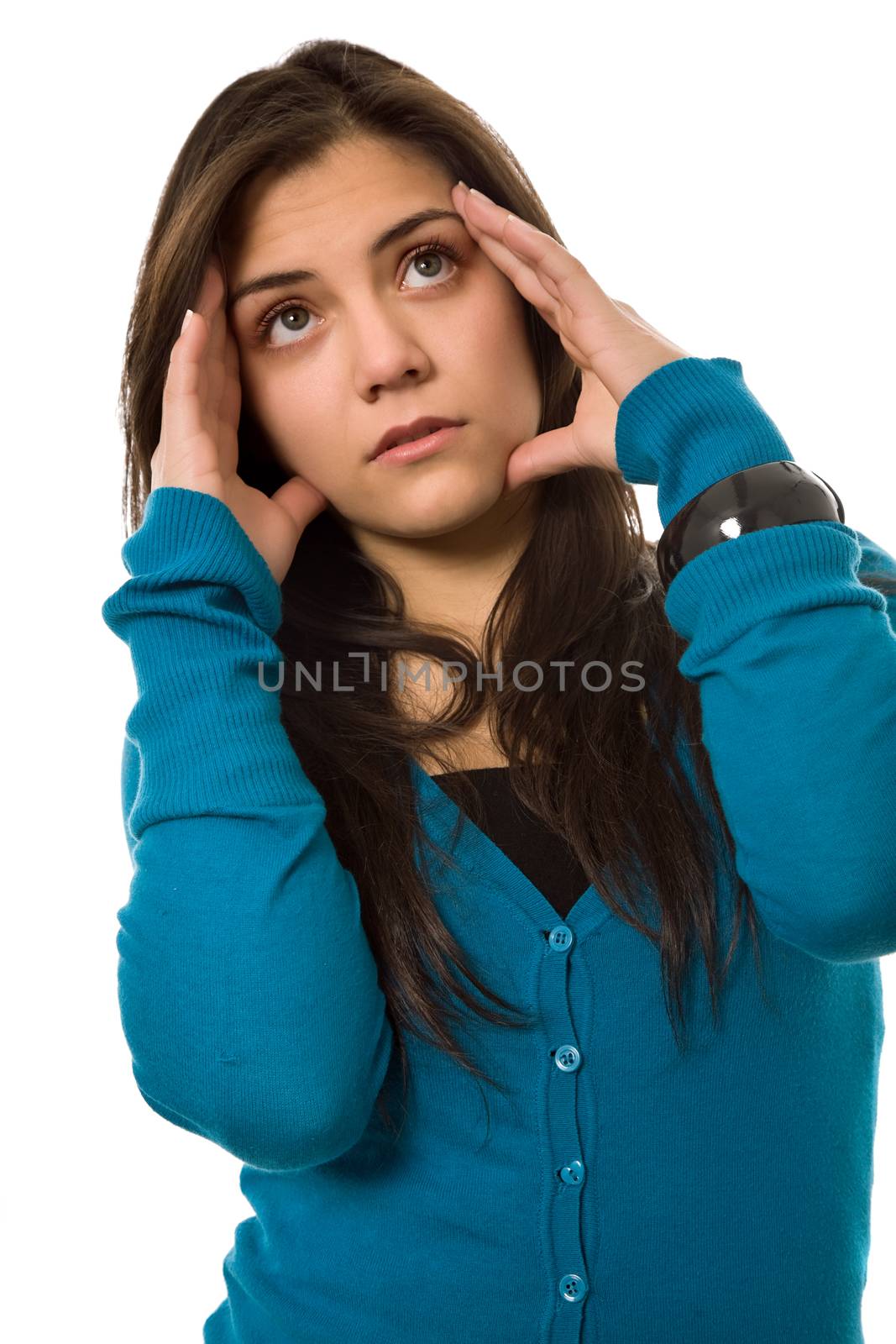 young casual woman portrait with a headache