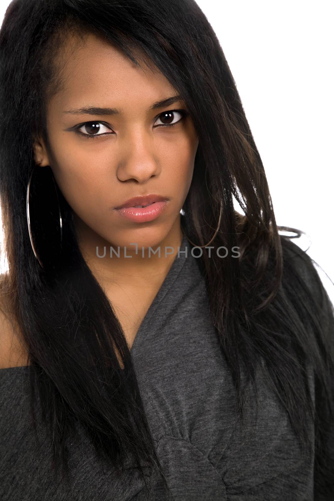 young beautiful woman closeup portrait, isolated on white