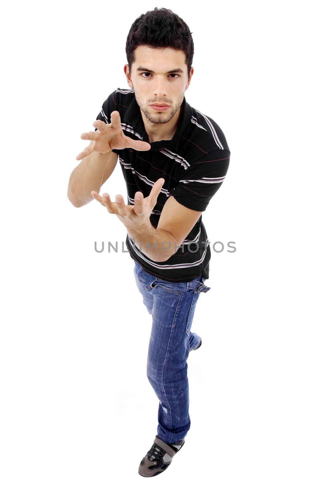 young casual man full body in a white background