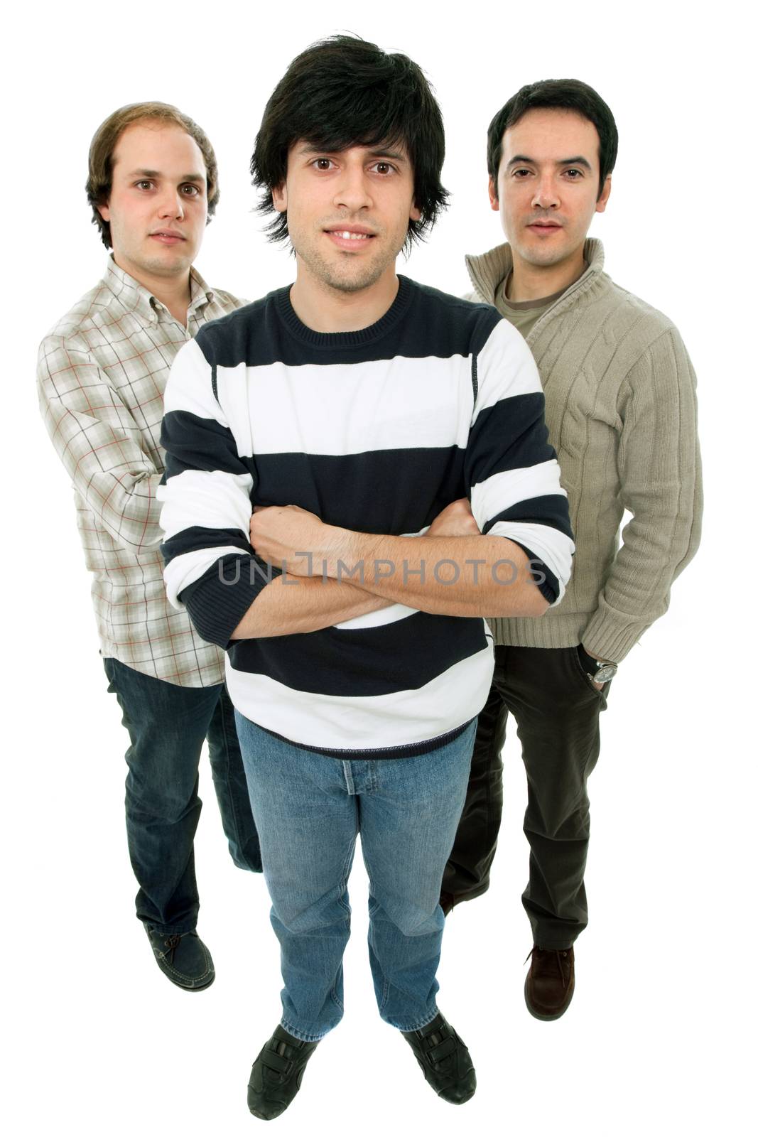 three young casual men full body, isolated on white